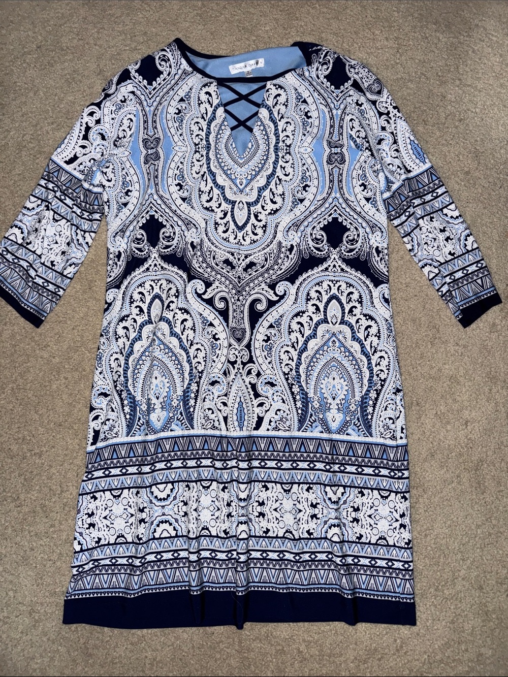 Sandra Darren Navy and Light Blue Paisley Long-Sleeve Dress